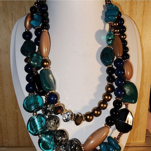 Vtg 3 Strand Multicolor Beaded Necklace Signed TS NWOT - Picture 2 of 6